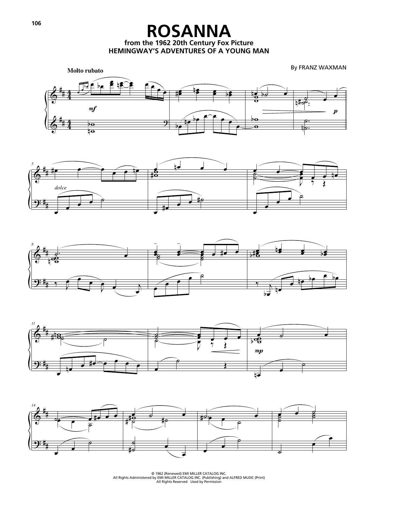 Franz Waxman Rosanna sheet music notes and chords arranged for Piano Solo