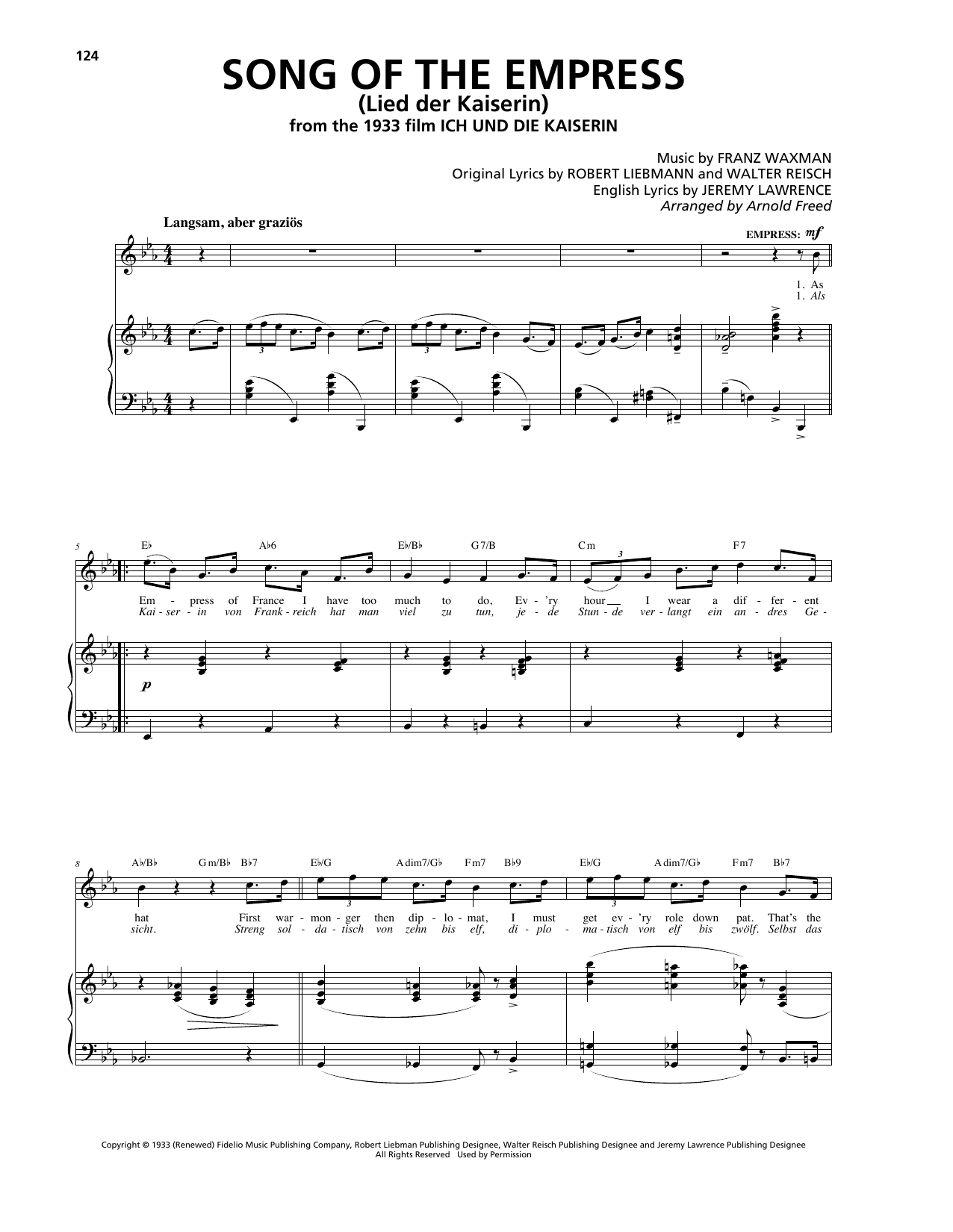 Franz Waxman Song Of The Empress (Lied der Kaiserin) sheet music notes and chords arranged for Piano, Vocal & Guitar Chords (Right-Hand Melody)