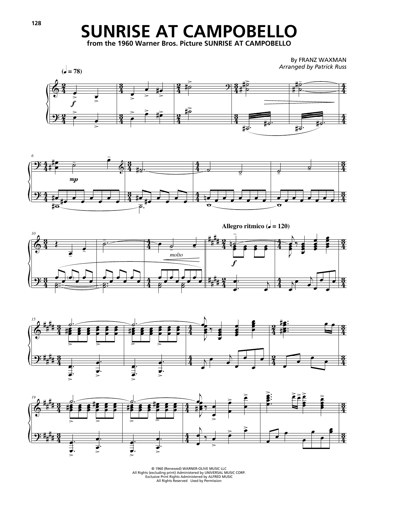Franz Waxman Sunrise At Campobello (from Sunrise At Campobello) sheet music notes and chords arranged for Piano Solo