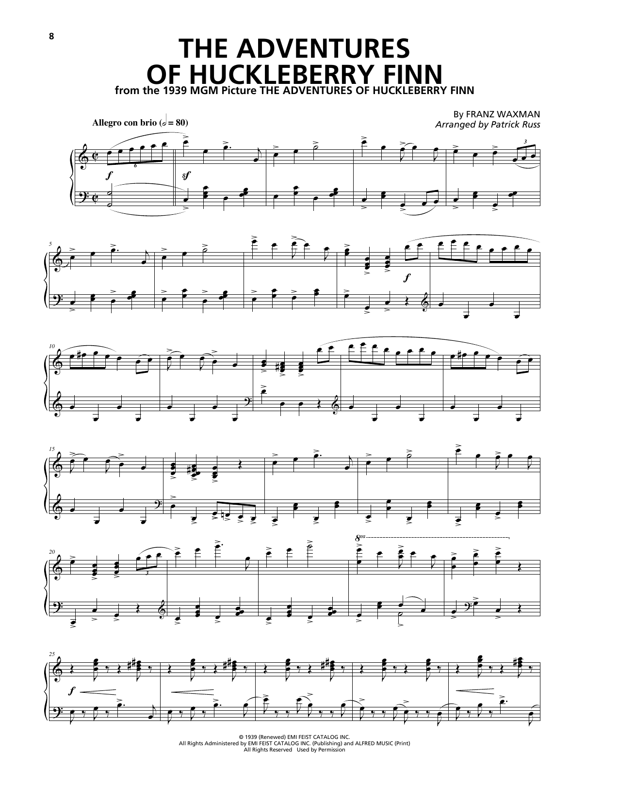 Franz Waxman The Adventures Of Huckleberry Finn sheet music notes and chords arranged for Piano Solo