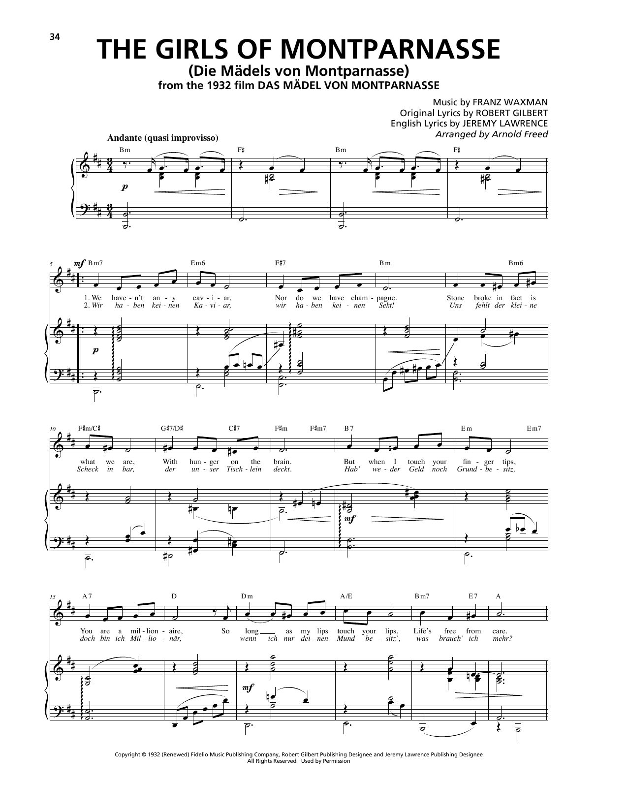 Franz Waxman The Girls Of Montparnasse (Die Mädels von Montparnasse) sheet music notes and chords arranged for Piano, Vocal & Guitar Chords (Right-Hand Melody)