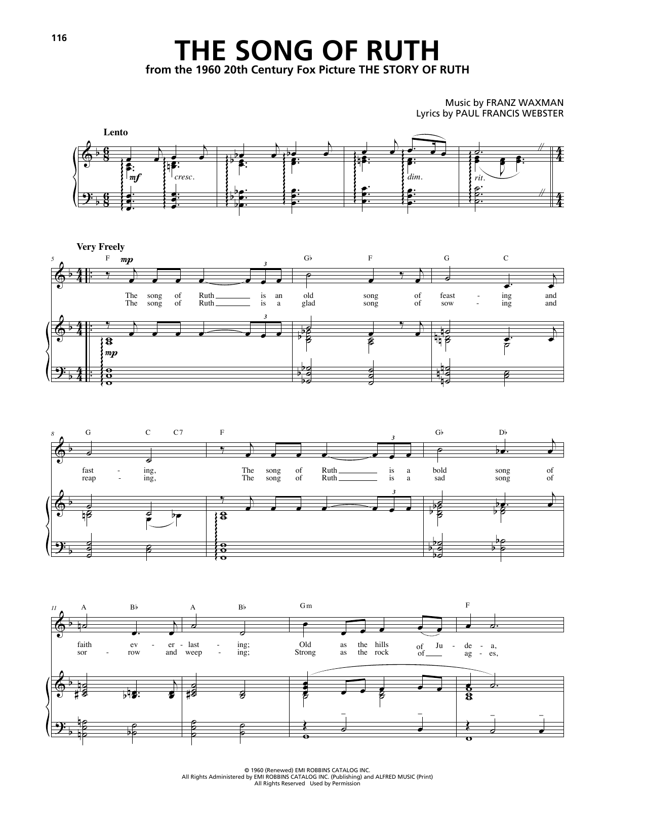Franz Waxman The Song Of Ruth sheet music notes and chords arranged for Piano, Vocal & Guitar Chords (Right-Hand Melody)