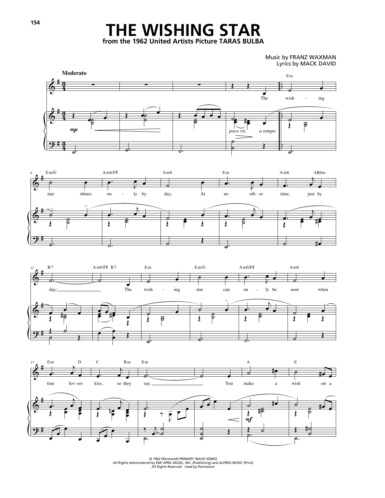 Franz Waxman The Wishing Star sheet music notes and chords arranged for Piano, Vocal & Guitar Chords (Right-Hand Melody)