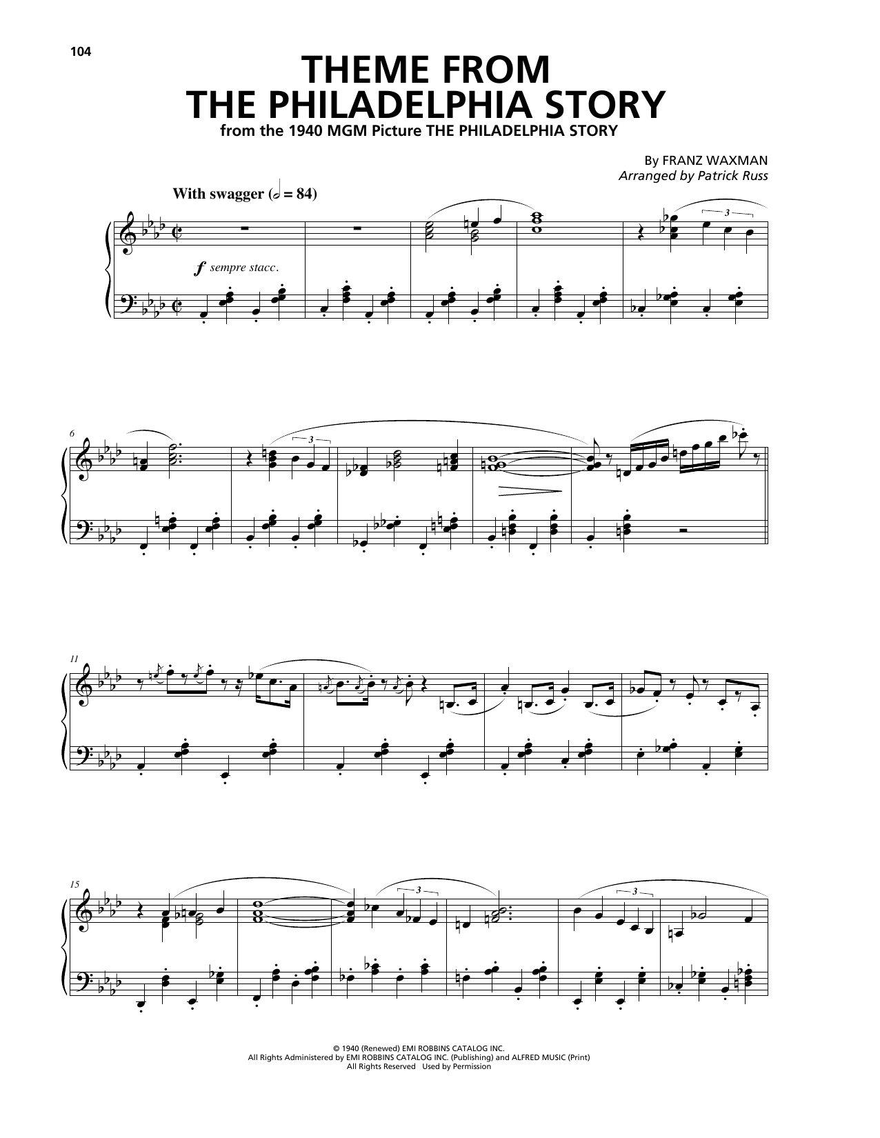 Franz Waxman Theme From The Philadelphia Story sheet music notes and chords arranged for Piano Solo