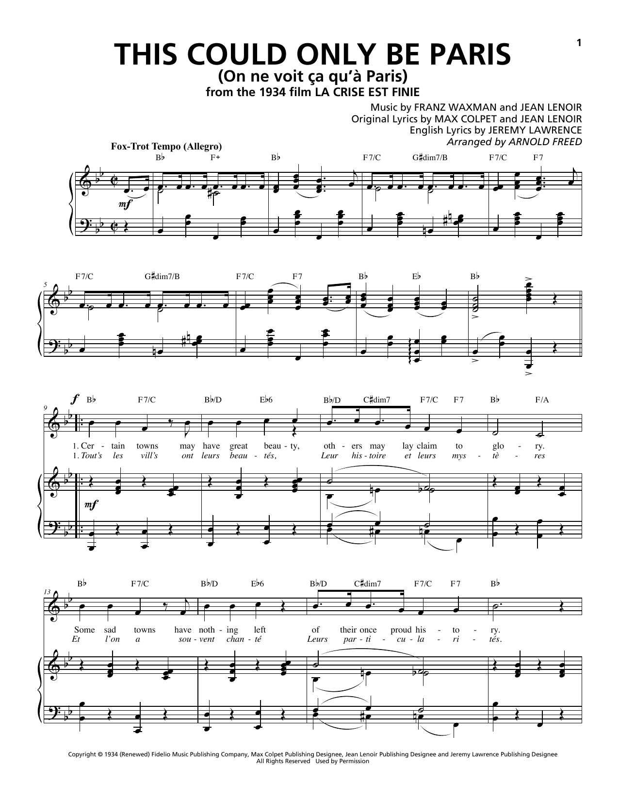 Franz Waxman This Could Only Be Paris (On ne voit ça qu'à Paris) sheet music notes and chords arranged for Piano & Vocal