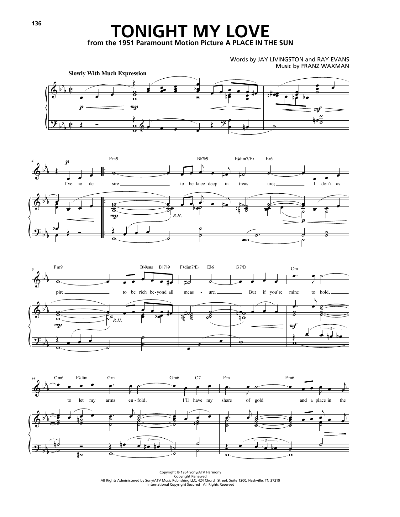 Franz Waxman Tonight My Love sheet music notes and chords arranged for Piano, Vocal & Guitar Chords (Right-Hand Melody)