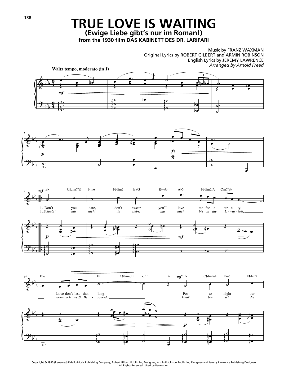 Franz Waxman True Love Is Waiting (Ewige Liebe gibt's nur im Roman!) sheet music notes and chords arranged for Piano, Vocal & Guitar Chords (Right-Hand Melody)