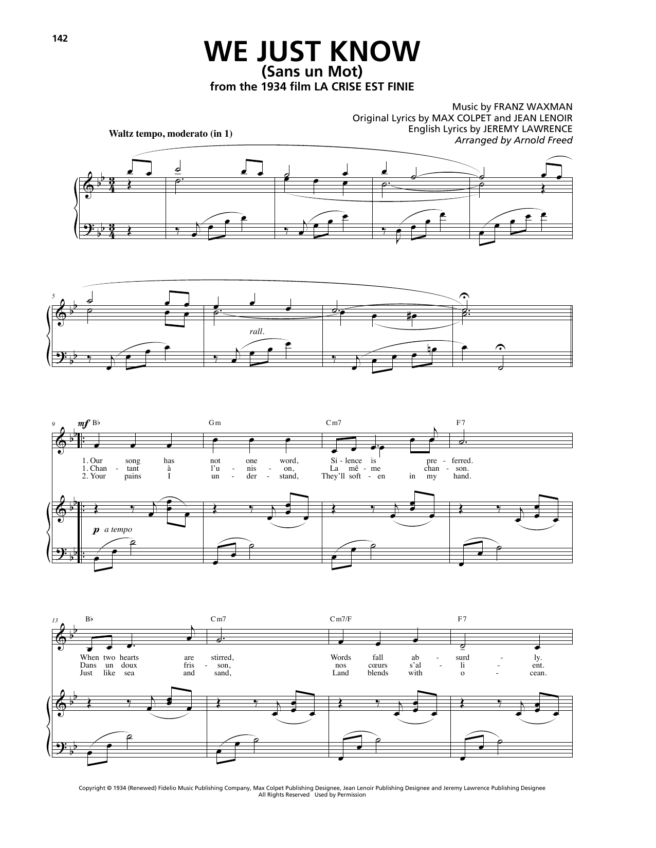 Franz Waxman We Just Know (Sans un Mot) sheet music notes and chords arranged for Piano, Vocal & Guitar Chords (Right-Hand Melody)