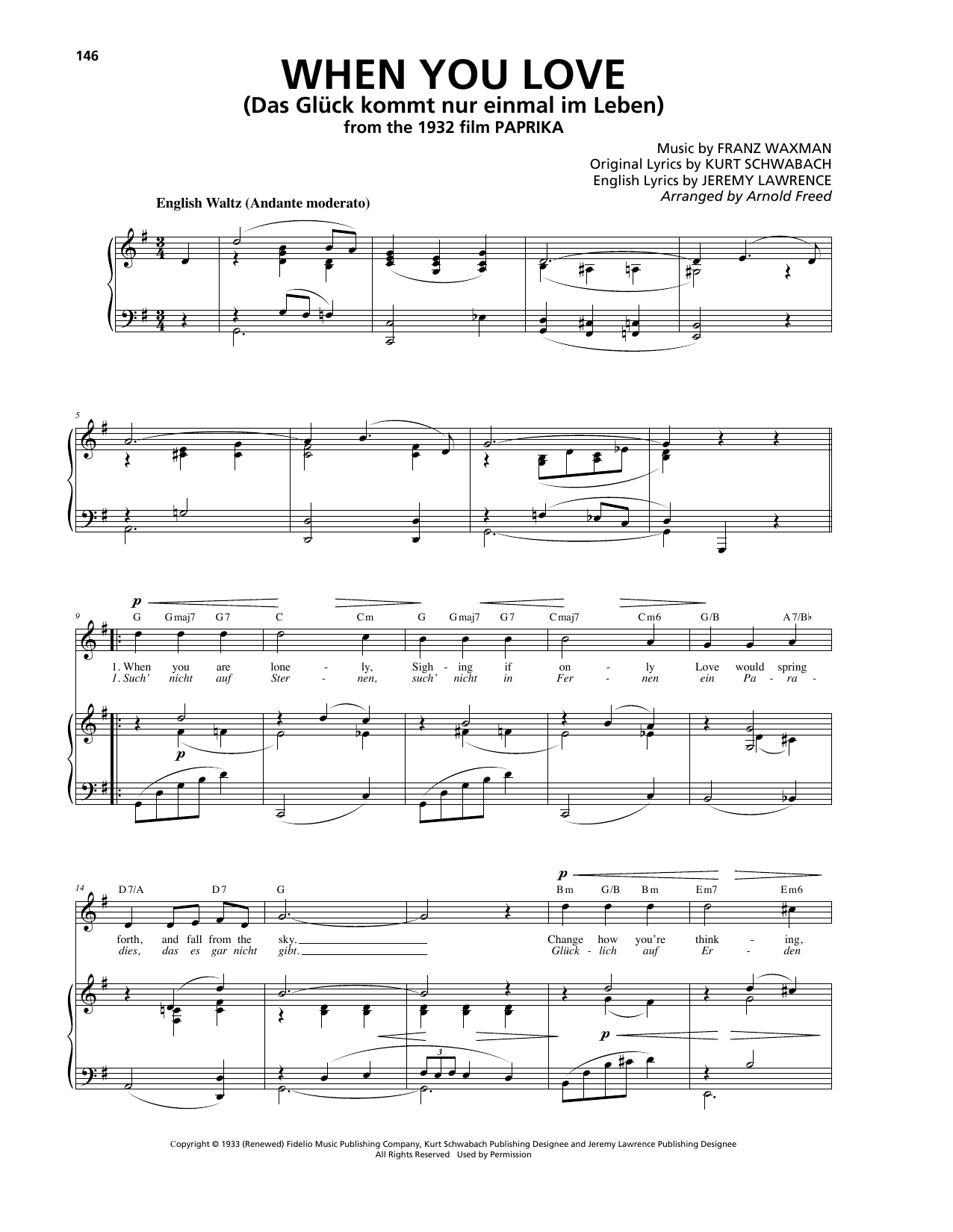 Franz Waxman When You Love (Das Glück kommt nur einmal im Leben) sheet music notes and chords arranged for Piano, Vocal & Guitar Chords (Right-Hand Melody)