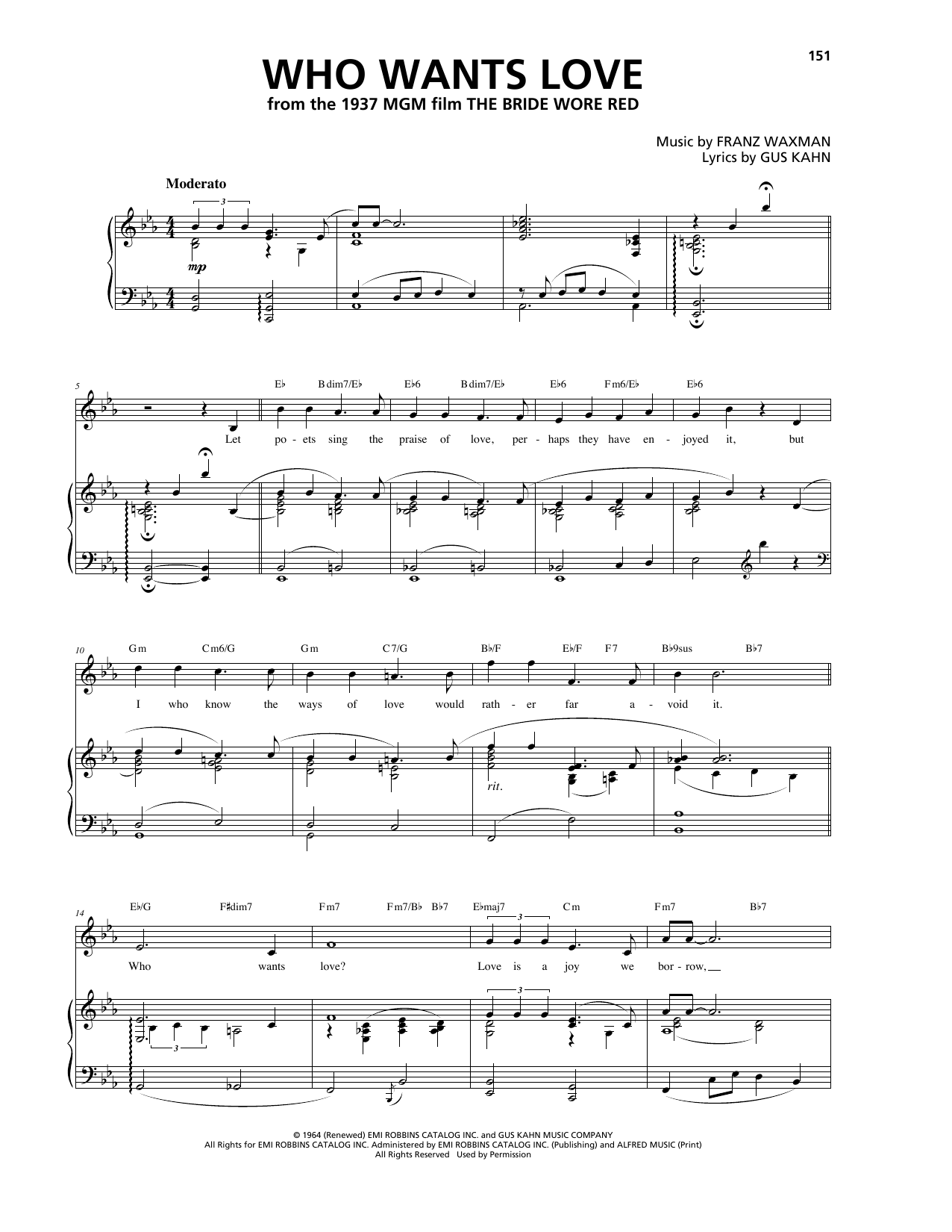 Franz Waxman Who Wants Love sheet music notes and chords arranged for Piano, Vocal & Guitar Chords (Right-Hand Melody)