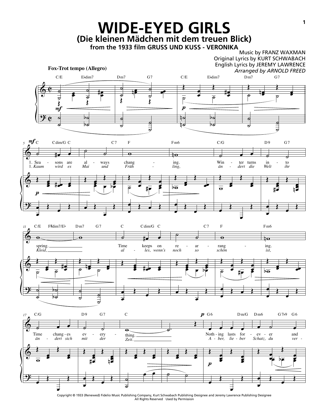 Franz Waxman Wide-Eyed Girls (Die kleinen Mädchen mit dem treuen Blick) sheet music notes and chords arranged for Piano & Vocal