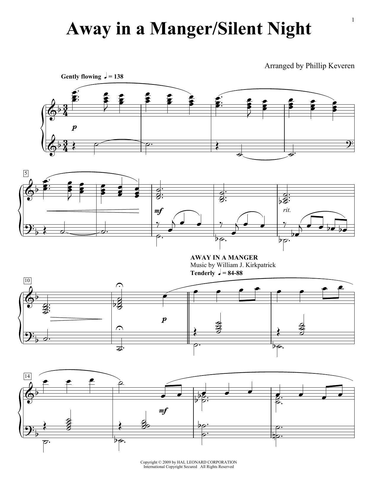 Franz X. Gruber Away In A Manger/Silent Night (arr. Phillip Keveren) sheet music notes and chords arranged for Piano Solo