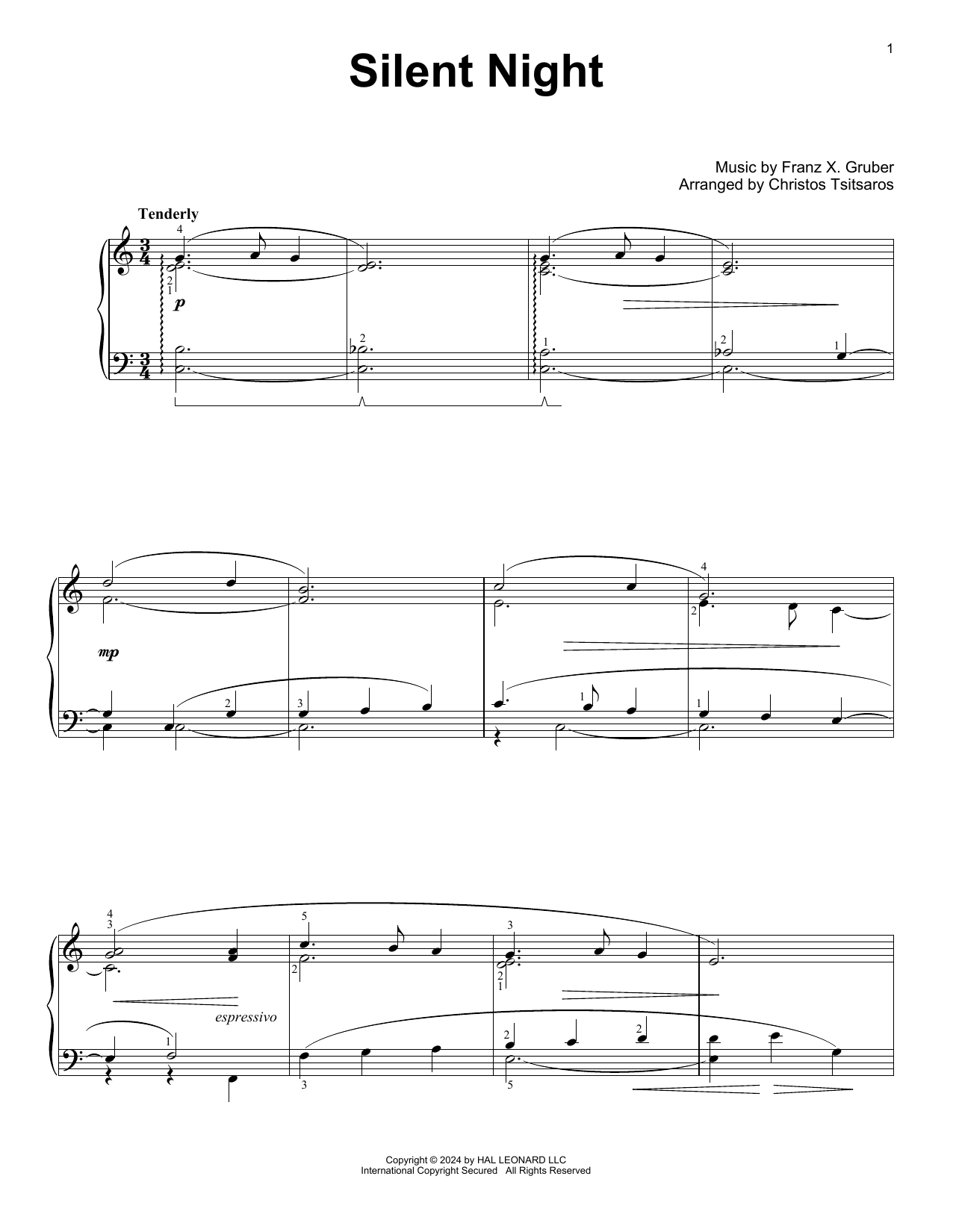 Franz X. Gruber Silent Night (arr. Christos Tsitsaros) sheet music notes and chords arranged for Easy Piano Solo