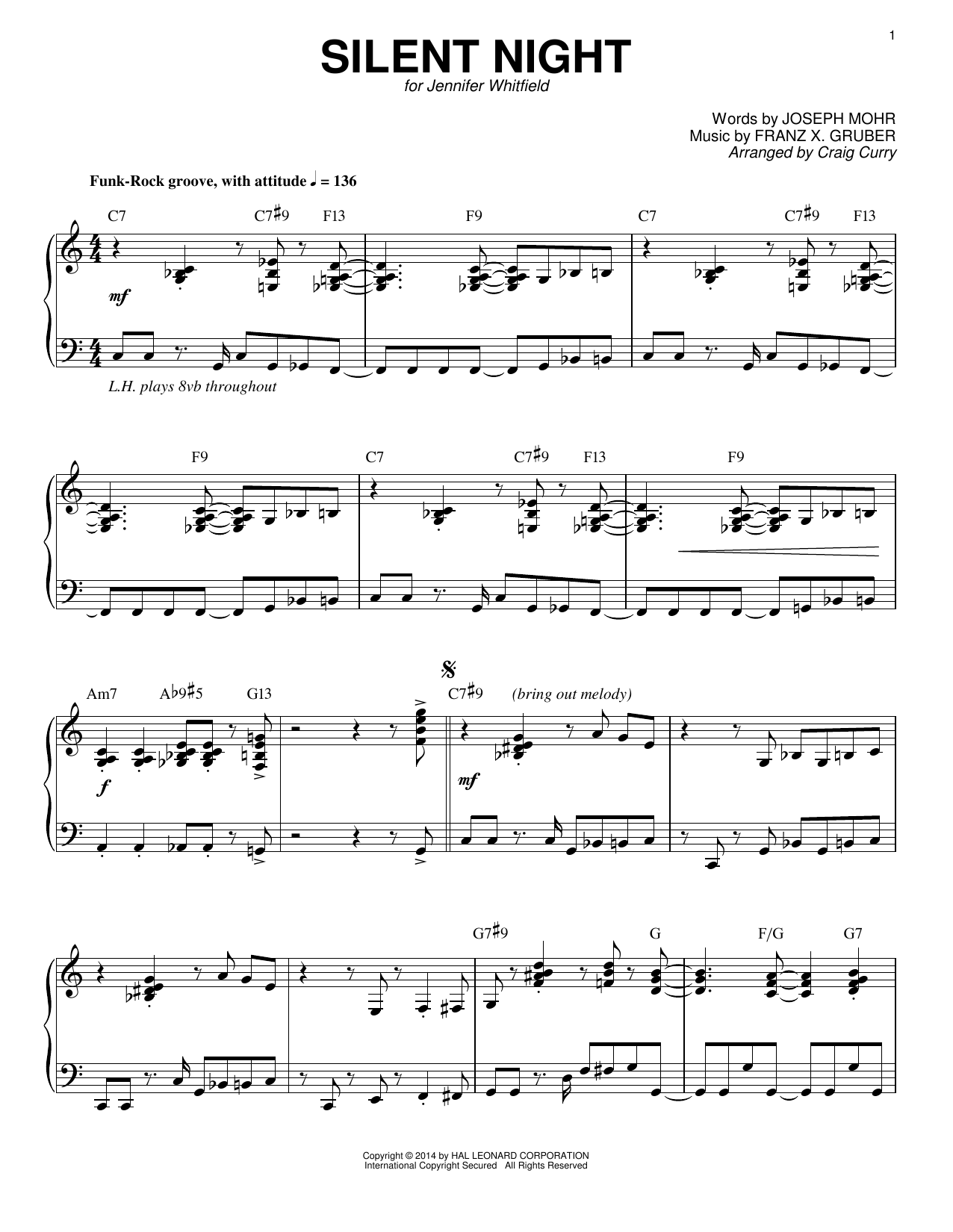 Franz X. Gruber Silent Night (arr. Craig Curry) sheet music notes and chords arranged for Piano Solo