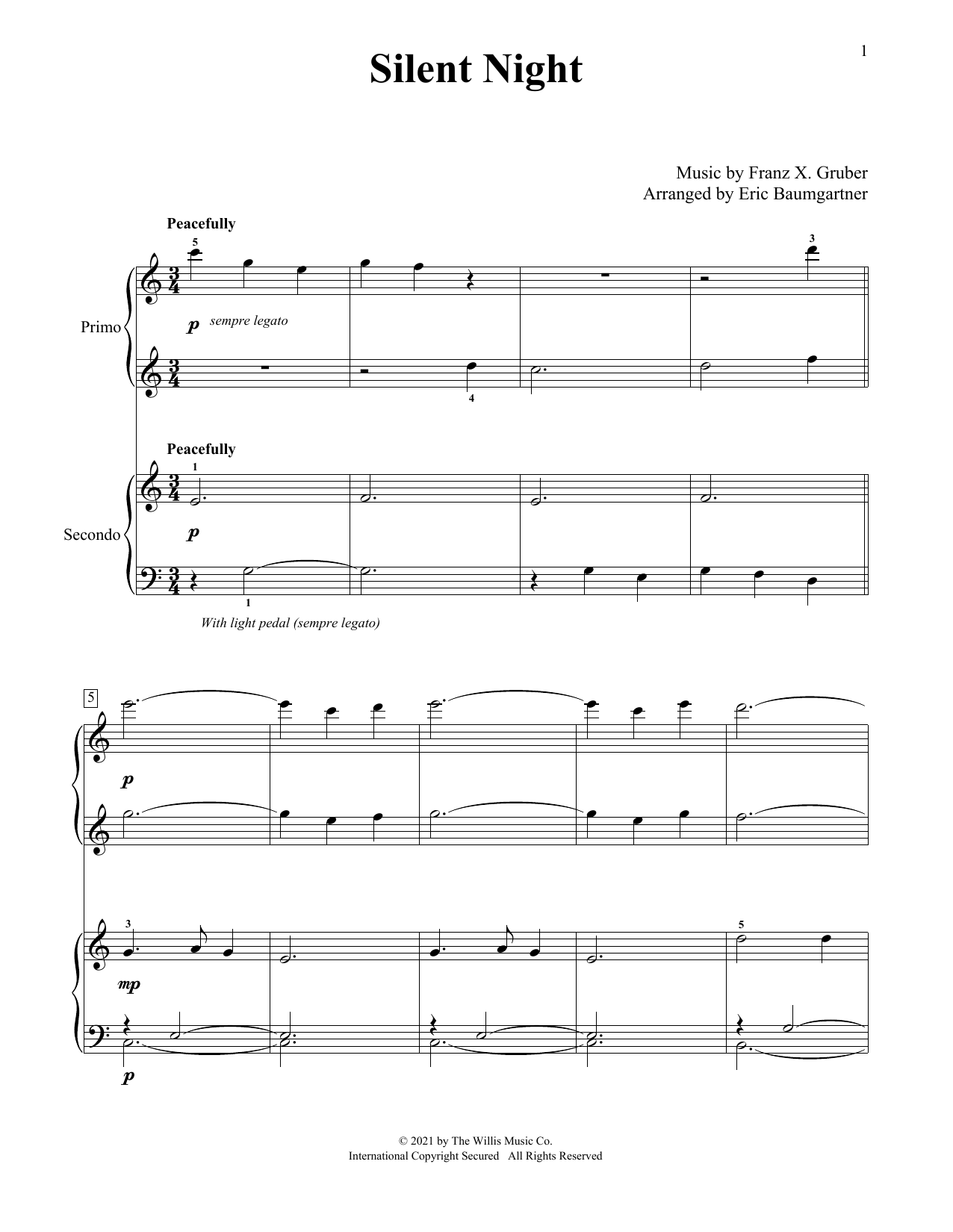 Franz X. Grüber Silent Night (arr. Eric Baumgartner) sheet music notes and chords arranged for Piano Duet