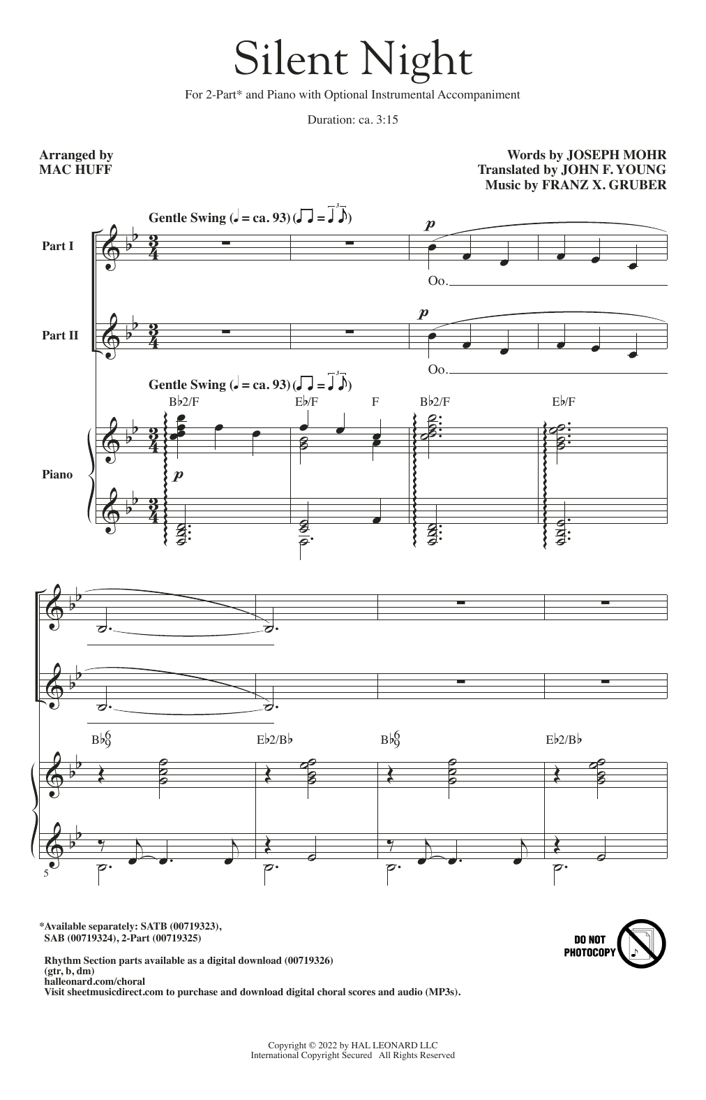 Franz X. Gruber Silent Night (arr. Mac Huff) sheet music notes and chords arranged for 2-Part Choir