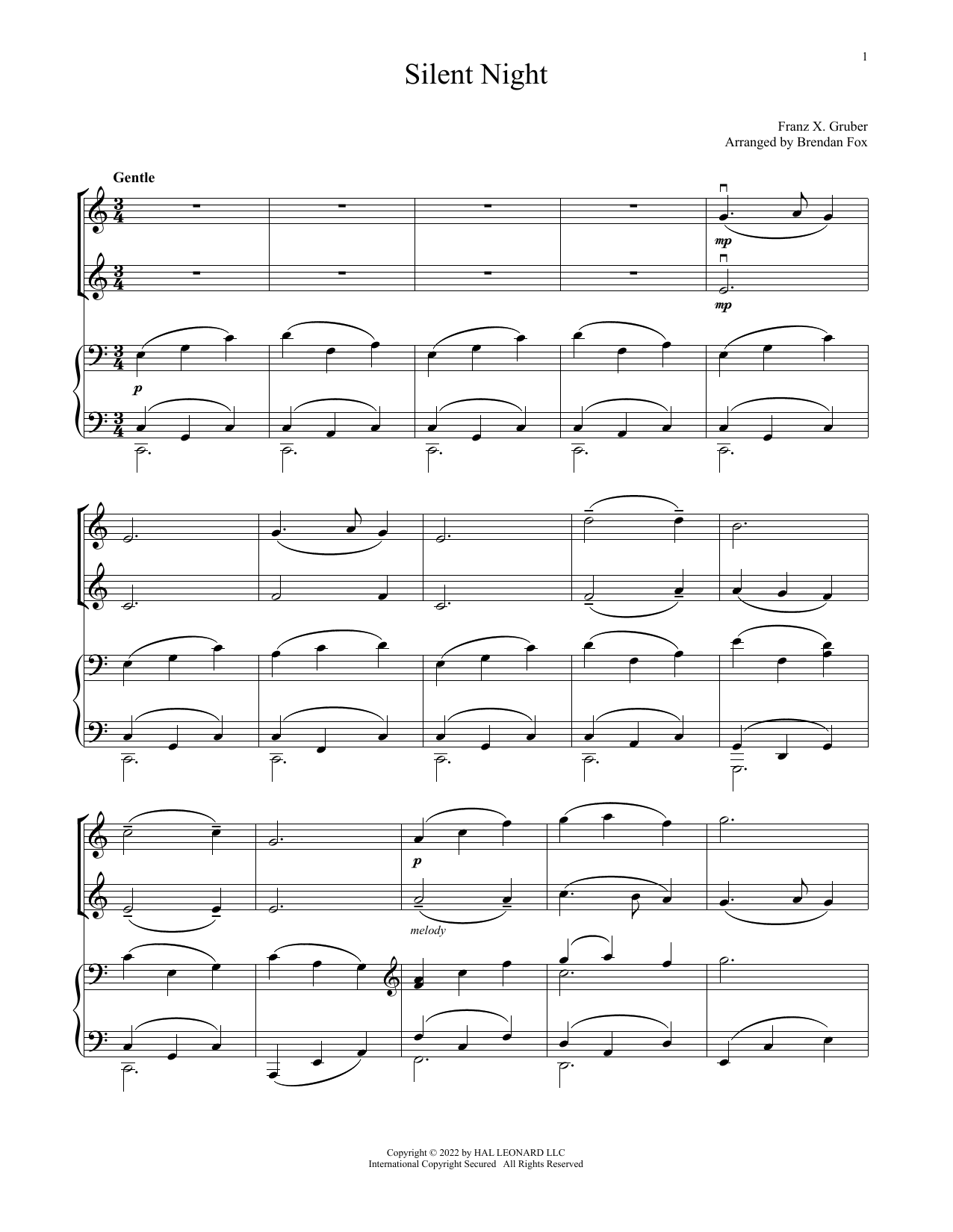 Franz X. Gruber Silent Night (for Violin Duet and Piano) sheet music notes and chords arranged for Violin and Piano