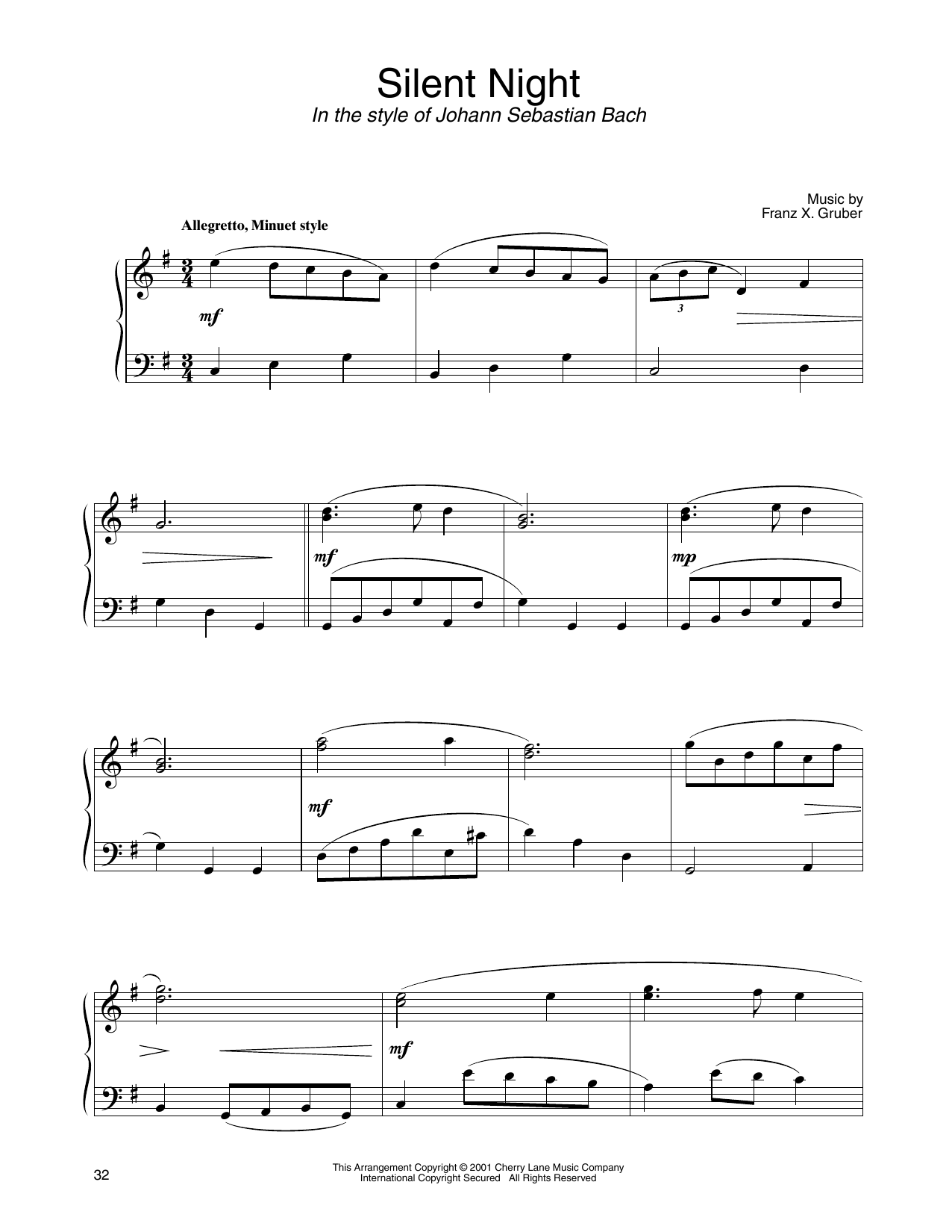 Franz X. Gruber Silent Night (in the style of J.S. Bach) (arr. Carol Klose) sheet music notes and chords arranged for Piano Solo