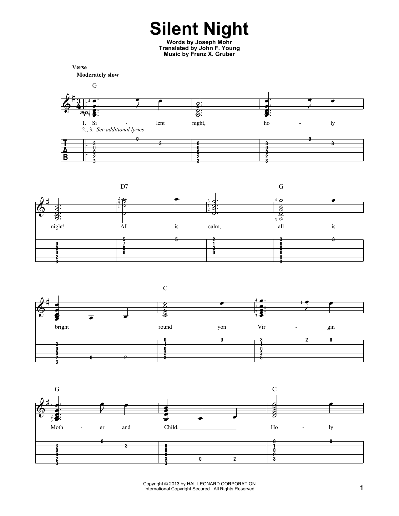 Franz X. Gruber Silent Night sheet music notes and chords arranged for Really Easy Guitar