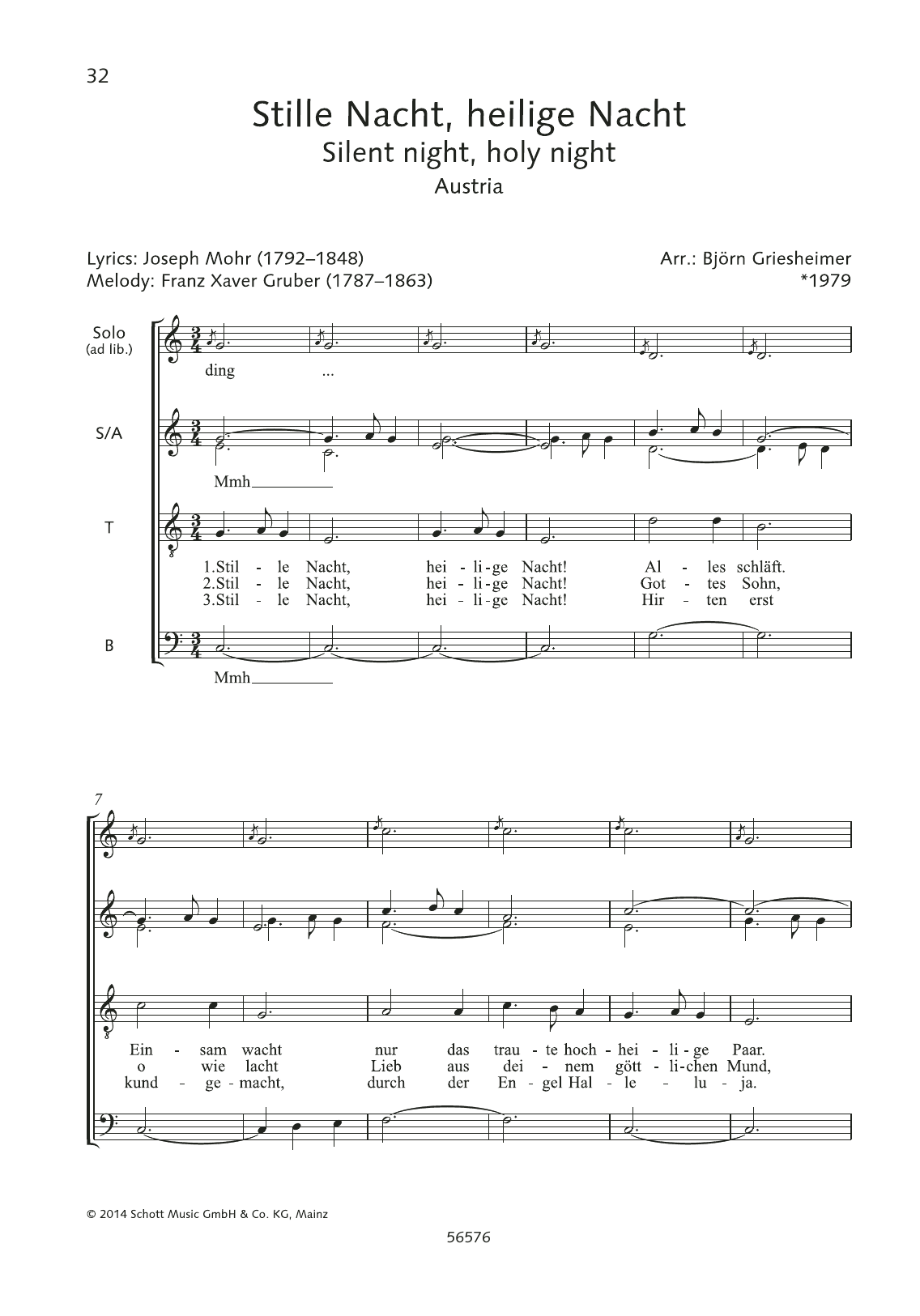 Franz Xaver Gruber Stille Nacht, Heilige Nacht sheet music notes and chords arranged for Choir