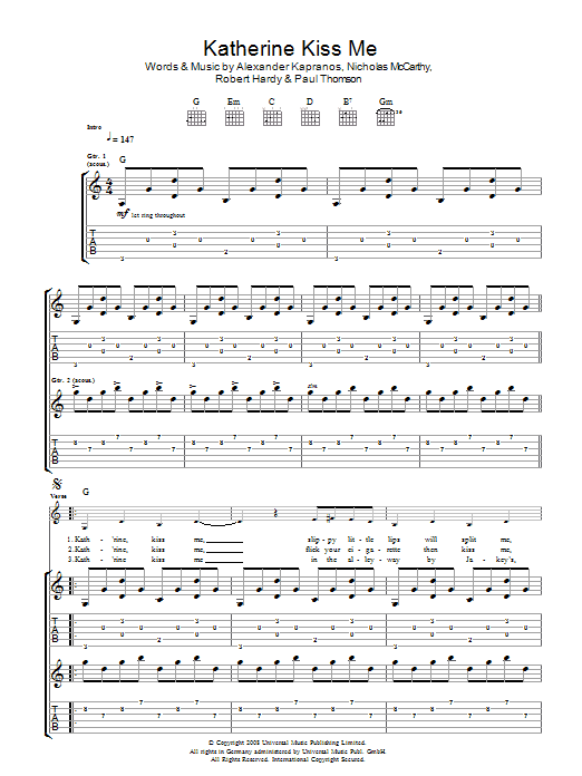 Franz Ferdinand Katherine Kiss Me sheet music notes and chords arranged for Guitar Tab