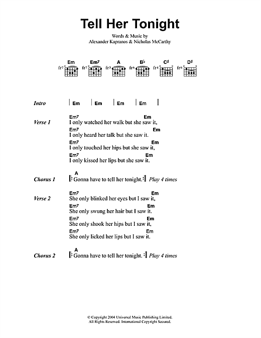 Franz Ferdinand Tell Her Tonight sheet music notes and chords arranged for Guitar Chords/Lyrics