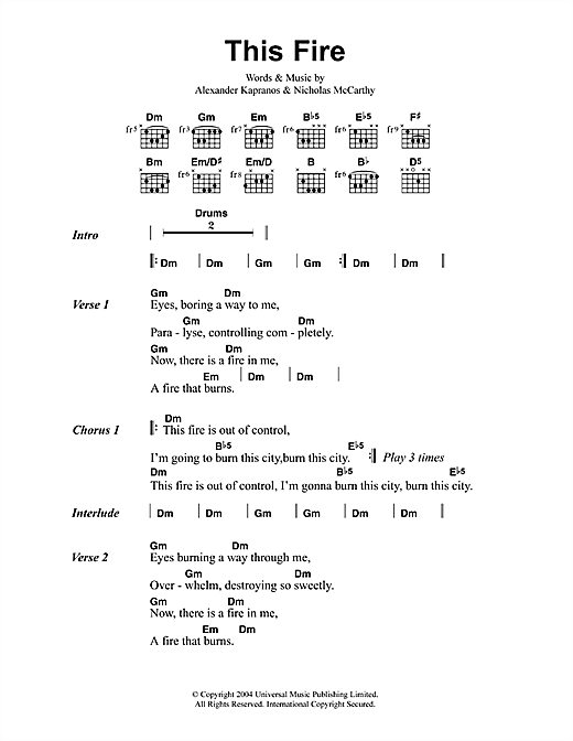 Franz Ferdinand This Fire sheet music notes and chords arranged for Guitar Chords/Lyrics