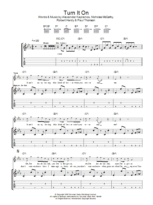 Franz Ferdinand Turn It On sheet music notes and chords arranged for Guitar Tab