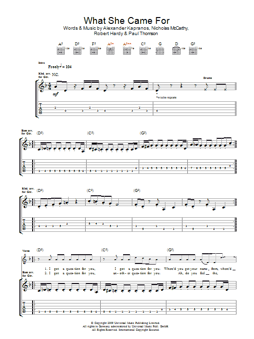 Franz Ferdinand What She Came For sheet music notes and chords arranged for Guitar Tab
