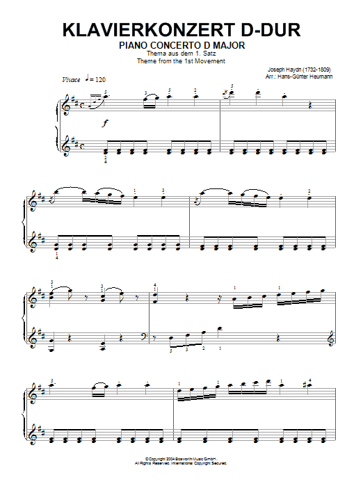 Franz Joseph Haydn Piano Concerto In D Major, Theme From First Movement sheet music notes and chords arranged for Piano Solo