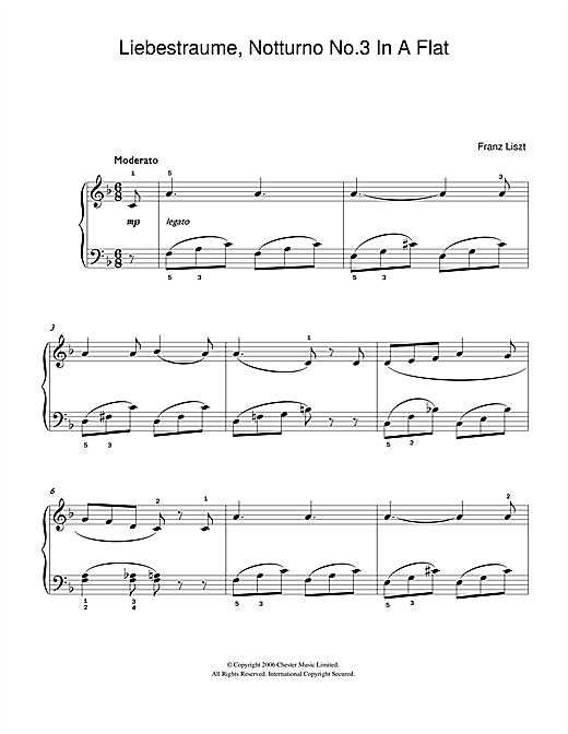Franz Liszt Liebestraume: Notturno No.3 In A Flat: O Lieb, So Lang Du Lieben… sheet music notes and chords arranged for 5-Finger Piano