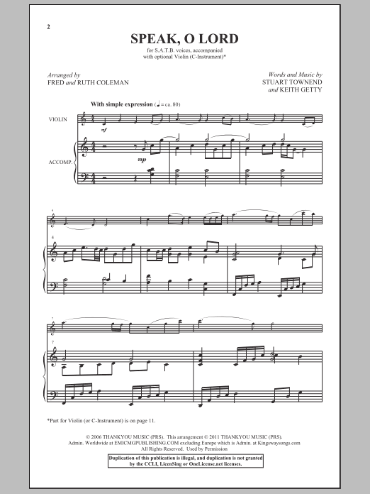Fred and Ruth Coleman Speak, O Lord sheet music notes and chords arranged for SATB Choir