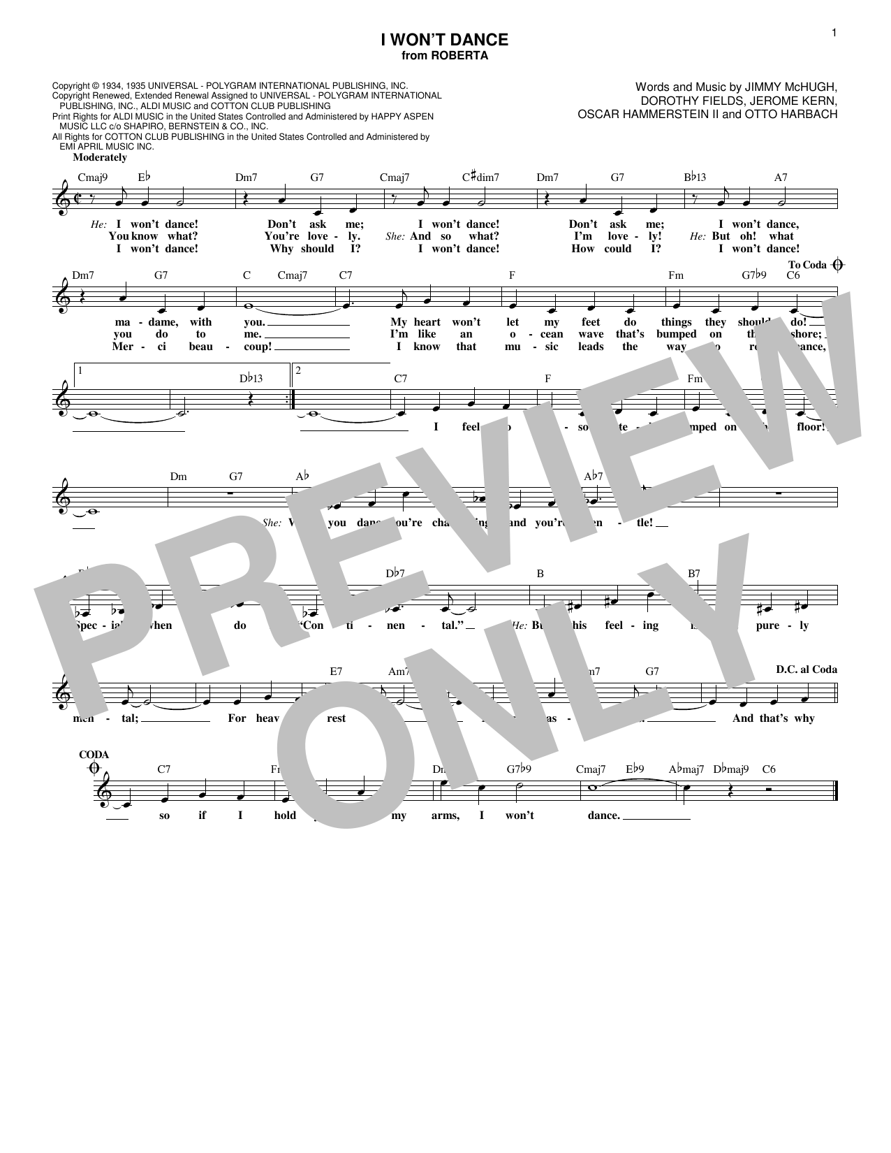 Fred Astaire I Won't Dance (from Roberta) sheet music notes and chords arranged for Lead Sheet / Fake Book