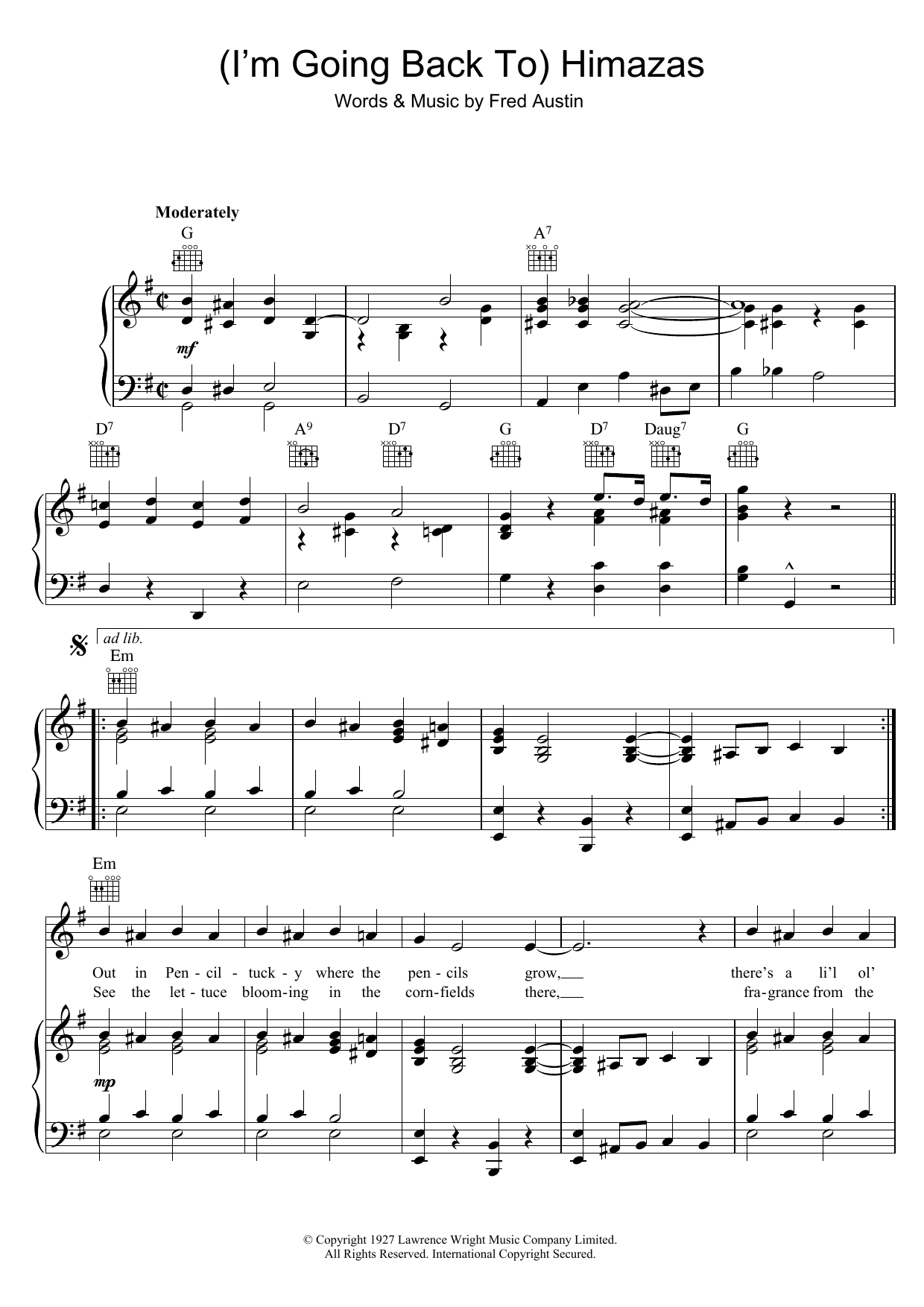 Fred Austin (I'm Going Back To) Himazas sheet music notes and chords arranged for Piano, Vocal & Guitar Chords