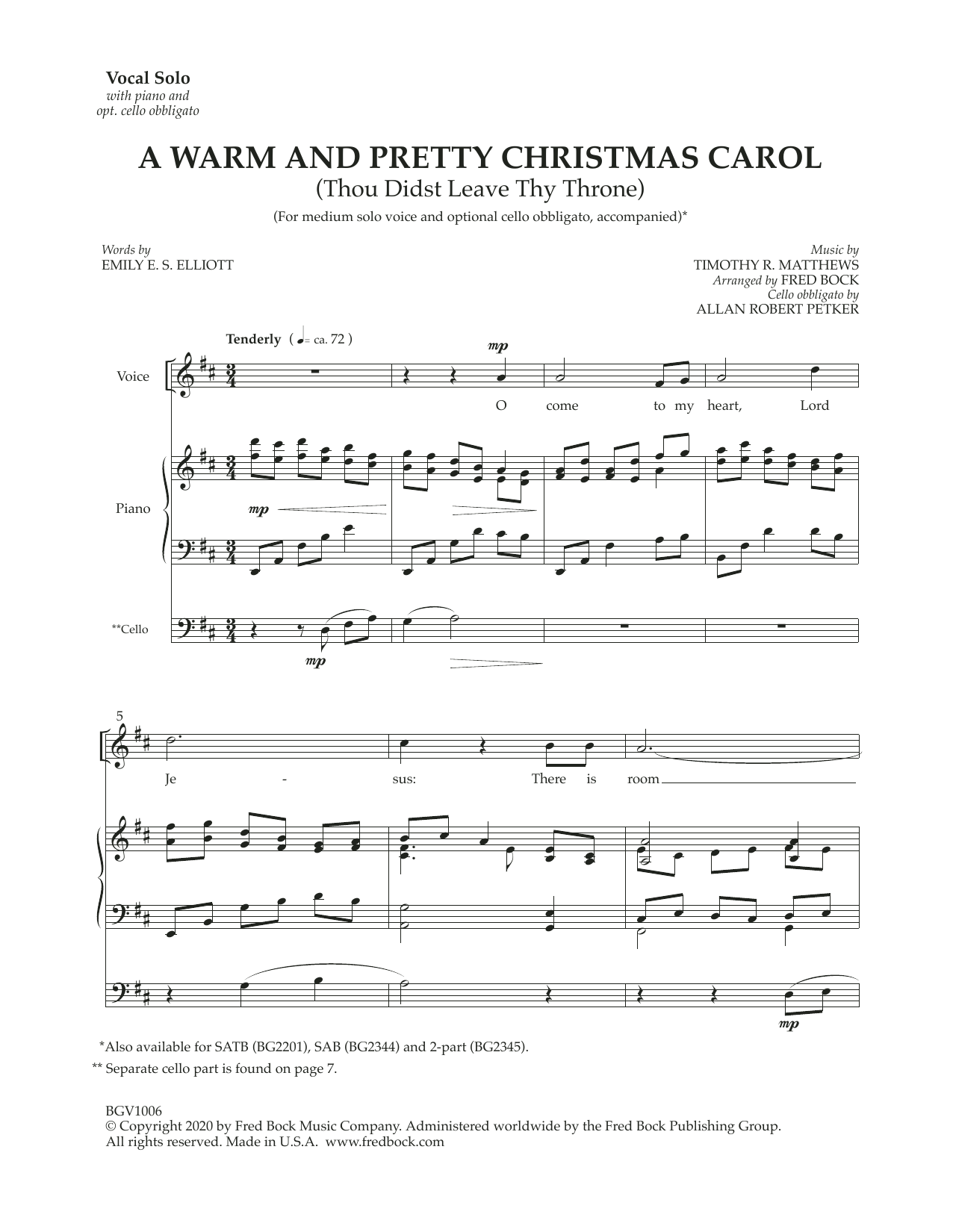 Fred Bock A Warm And Pretty Christmas Carol (with optional cello obbligato) sheet music notes and chords arranged for Piano & Vocal
