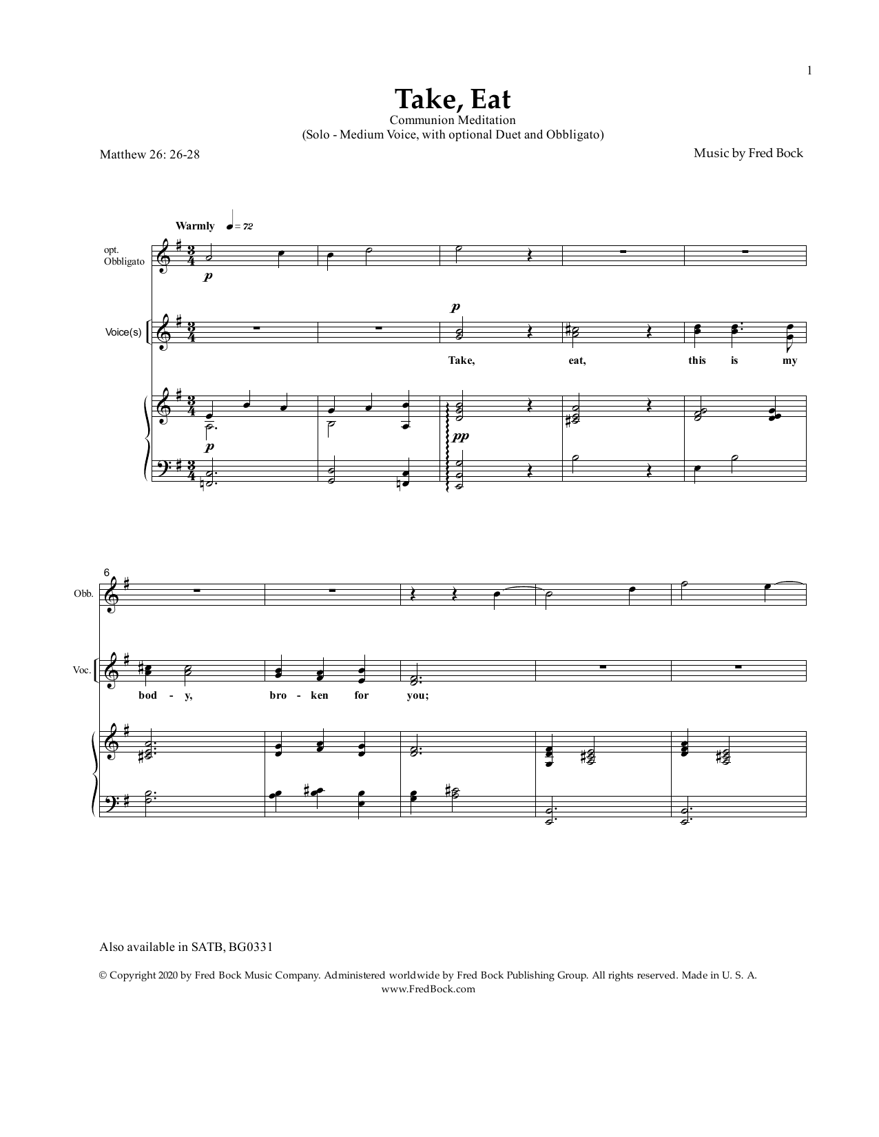 Fred Bock Take, Eat sheet music notes and chords arranged for Piano & Vocal