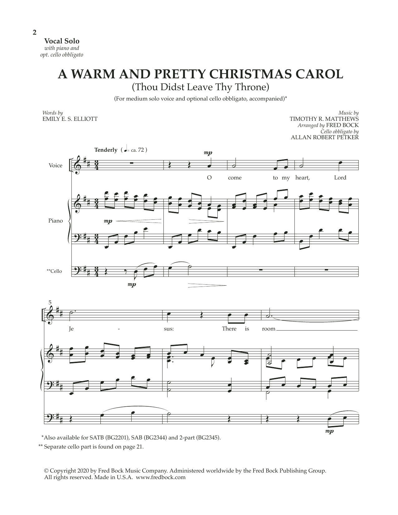 Fred Bock Three Christmas Solos (with optional cello obbligato) sheet music notes and chords arranged for Piano & Vocal