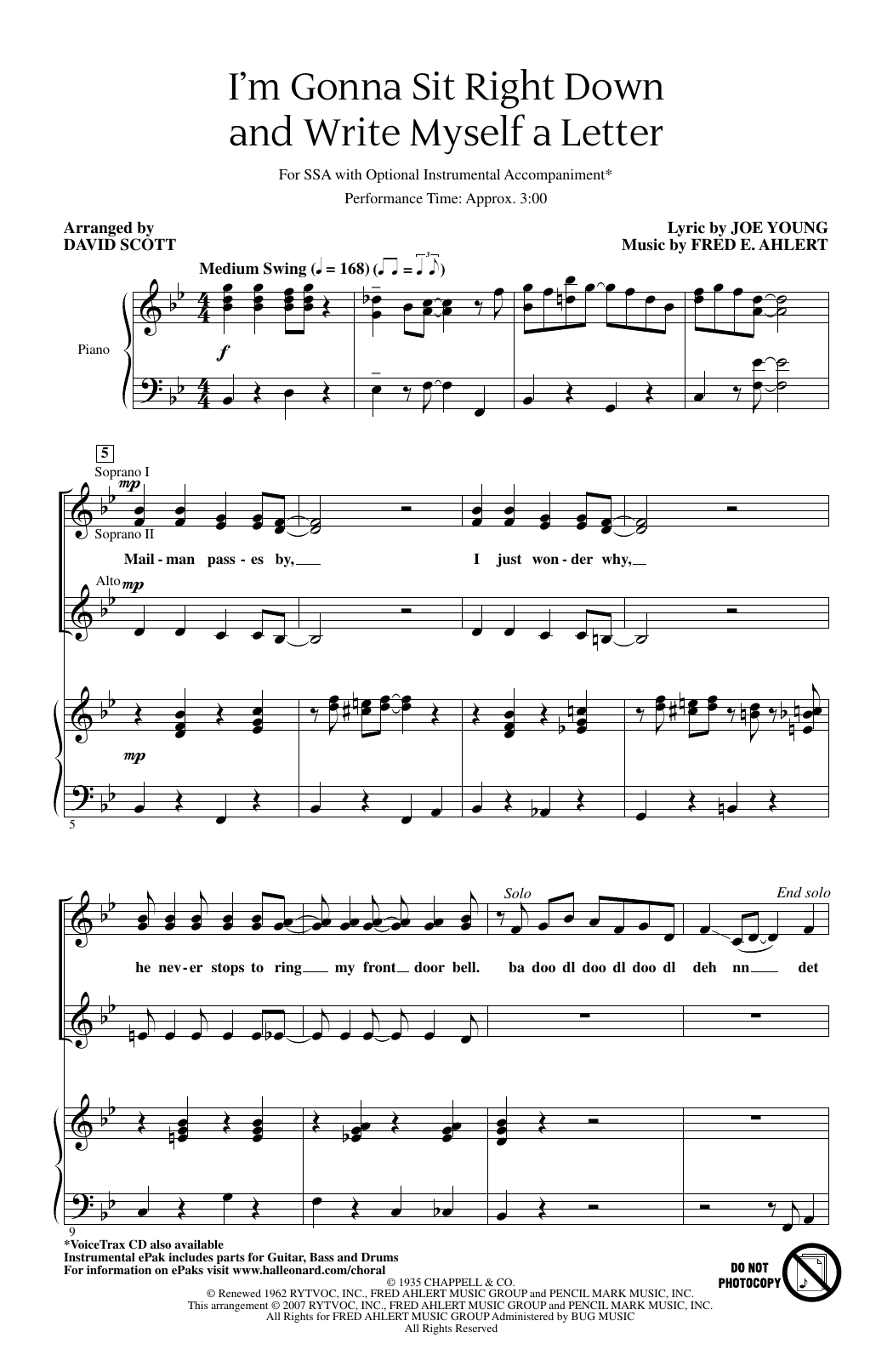 Fred E. Ahlert I'm Gonna Sit Right Down And Write Myself A Letter (arr. David Scott) sheet music notes and chords arranged for SSA Choir
