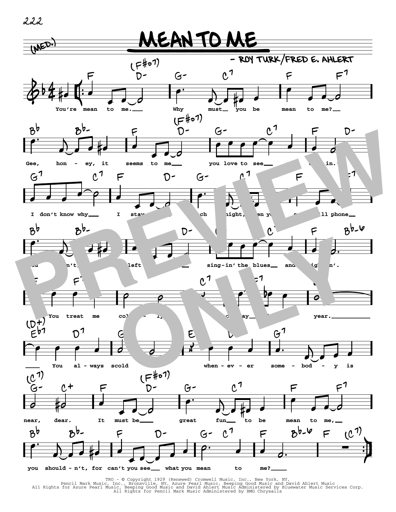 Fred E. Ahlert Mean To Me (arr. Robert Rawlins) sheet music notes and chords arranged for Real Book – Melody, Lyrics & Chords