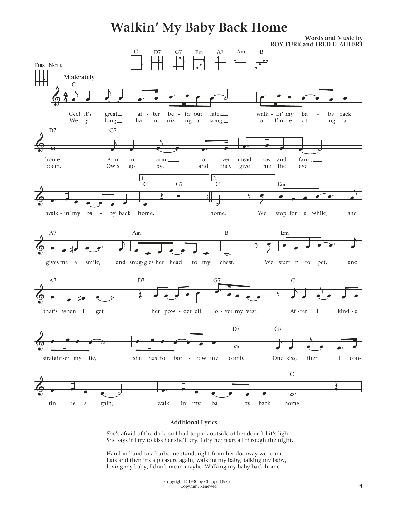 Fred E. Ahlert Walkin' My Baby Back Home (from The Daily Ukulele) (arr. Liz and Jim Beloff) sheet music notes and chords arranged for Ukulele