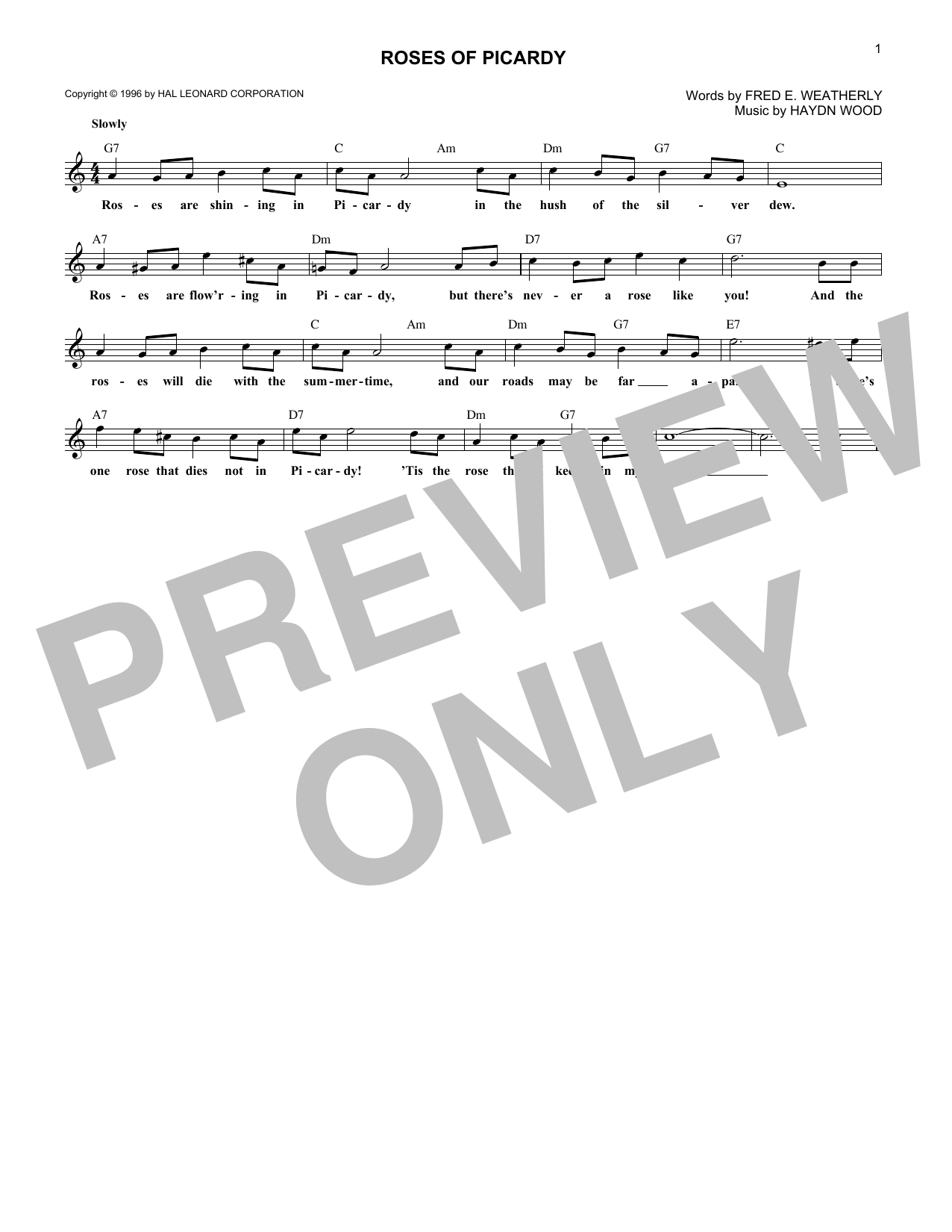 Fred E. Weatherly Roses Of Picardy sheet music notes and chords arranged for Piano, Vocal & Guitar Chords (Right-Hand Melody)