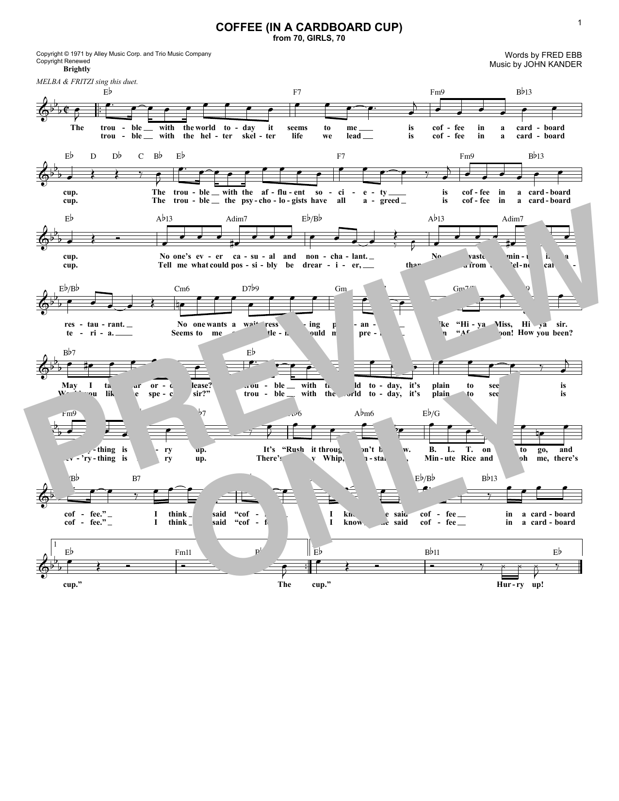 Fred Ebb Coffee (In A Cardboard Cup) sheet music notes and chords arranged for Lead Sheet / Fake Book