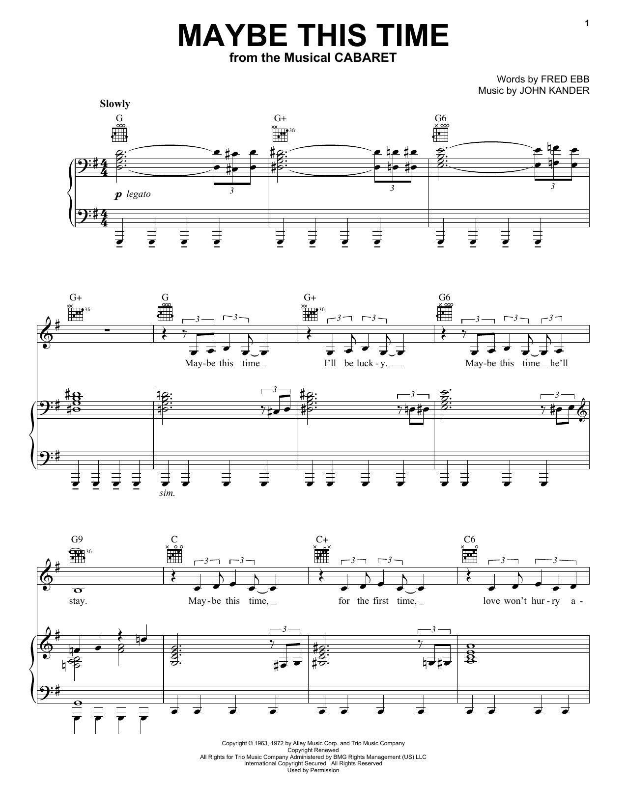 Fred Ebb Maybe This Time sheet music notes and chords arranged for Vocal Pro + Piano/Guitar