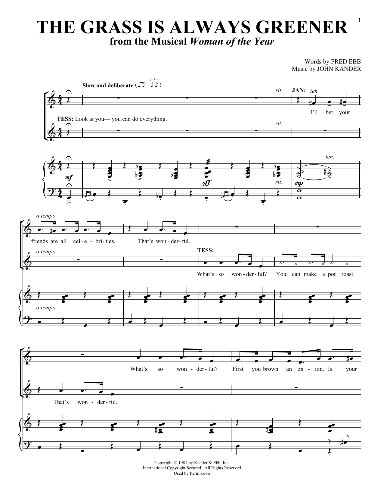 Fred Ebb The Grass Is Always Greener (from Woman Of The Year) sheet music notes and chords arranged for Vocal Duet