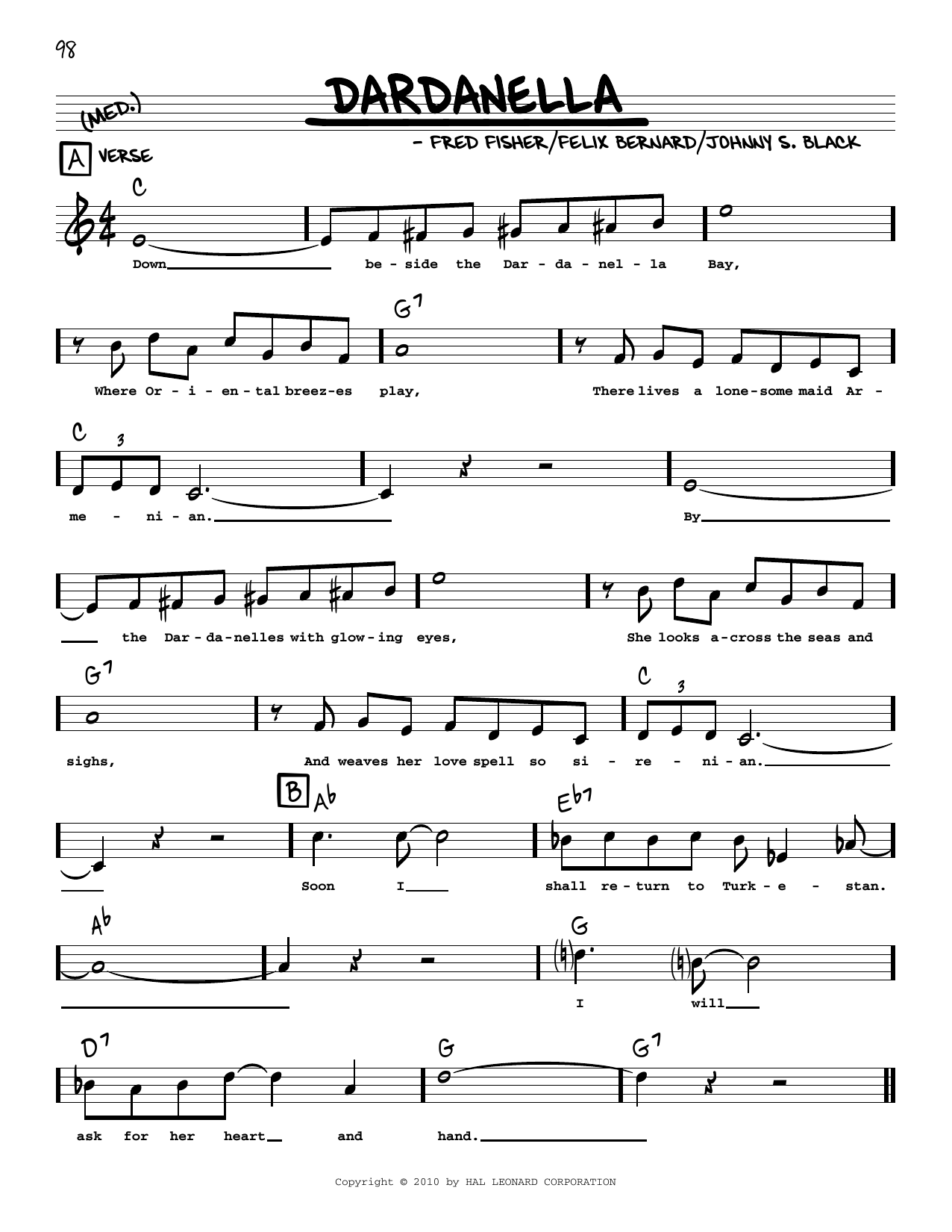 Fred Fisher Dardanella sheet music notes and chords arranged for Real Book – Melody, Lyrics & Chords
