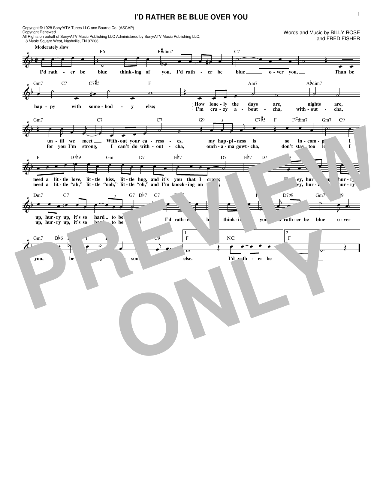 Fred Fisher I'd Rather Be Blue Over You sheet music notes and chords arranged for Lead Sheet / Fake Book