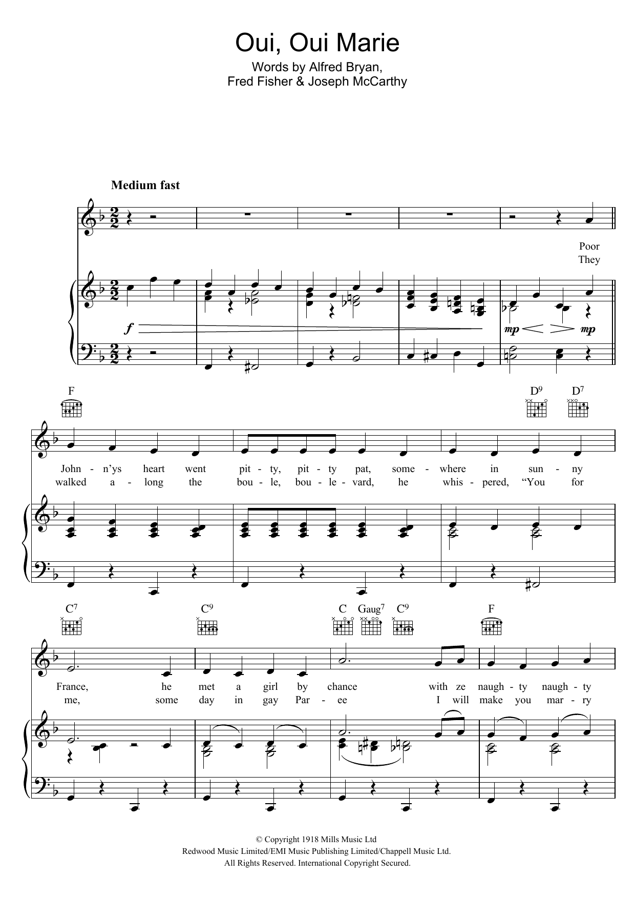 Fred Fisher Oui, Oui Marie sheet music notes and chords arranged for Piano, Vocal & Guitar Chords