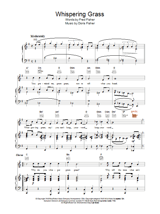 Fred Fisher Whispering Grass sheet music notes and chords arranged for Piano, Vocal & Guitar Chords