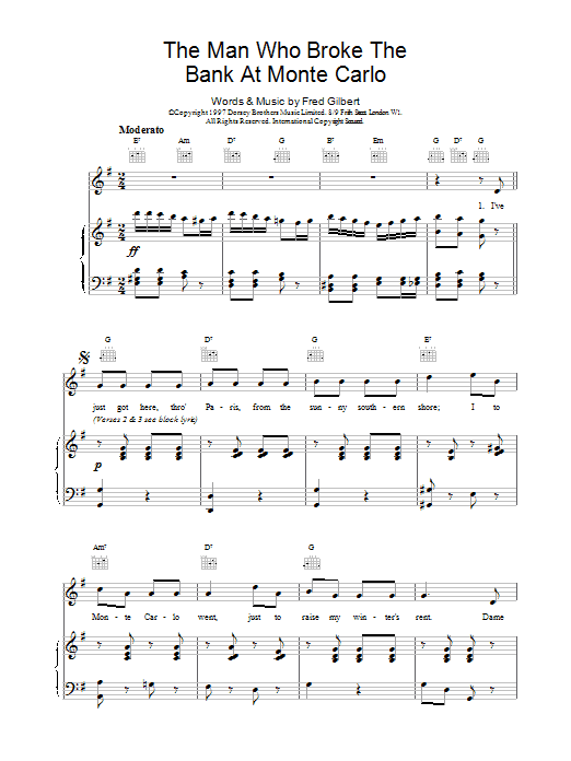 Fred Gilbert The Man Who Broke The Bank At Monte Carlo sheet music notes and chords arranged for Piano, Vocal & Guitar Chords
