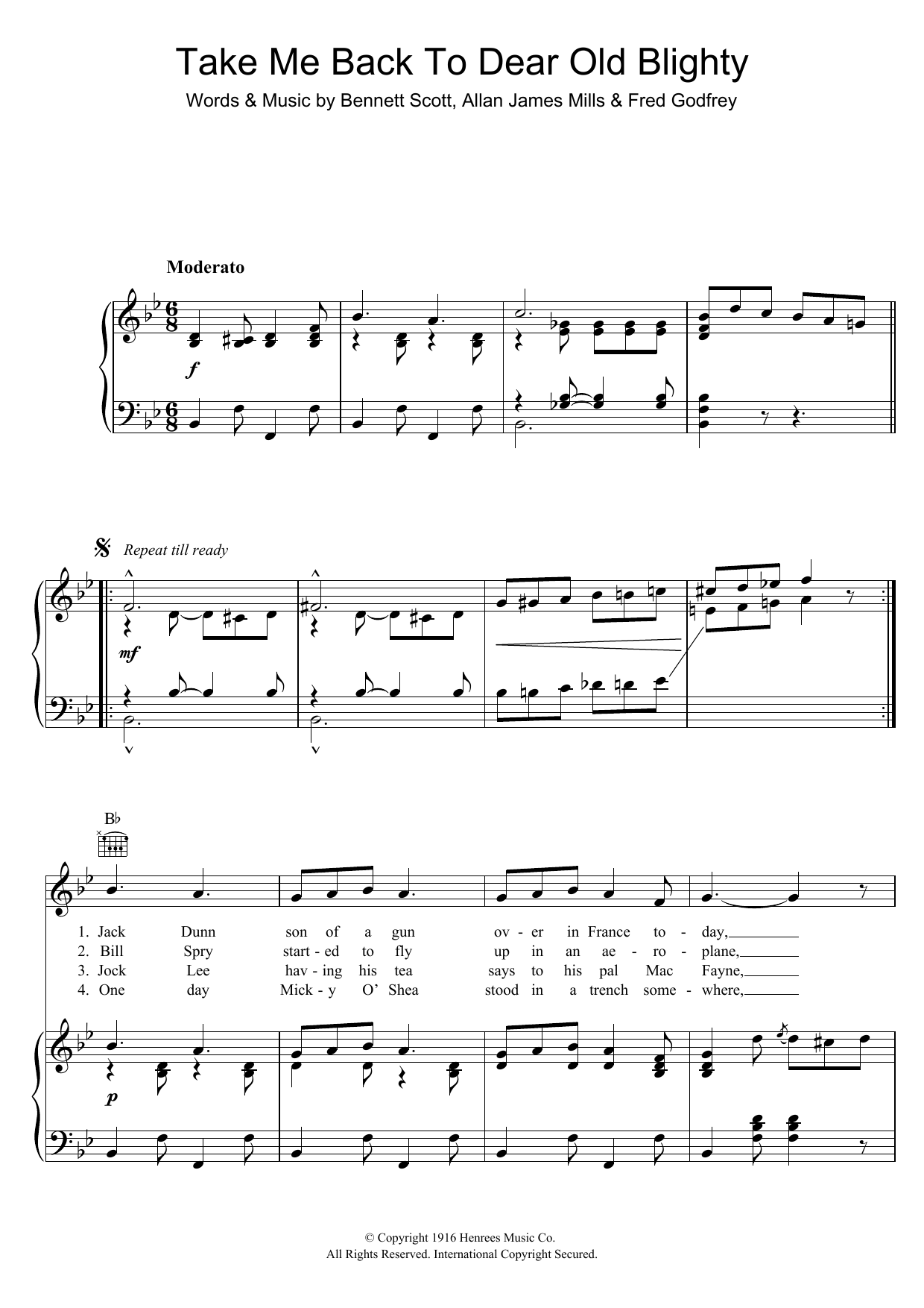 Fred Godfrey Take Me Back To Dear Old Blighty sheet music notes and chords arranged for Piano, Vocal & Guitar Chords